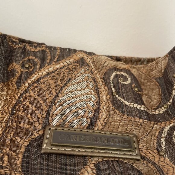 Caribbean Joe Shoulder Handbag Tote Brown Floral Tapestry Faux Leather Trim Boho - Picture 3 of 14